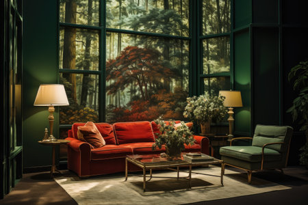 Interior of a living room with red sofa and armchairs.の素材
