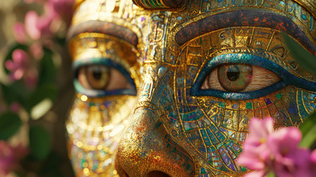 Close-up view of the face of a beautiful golden mask.の素材