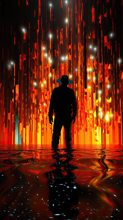Man in a raincoat on a background of red luminous linesの素材