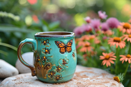 Cup of coffee with beautiful butterfly on stone in the garden.の素材