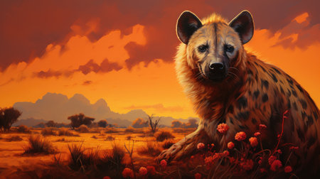 Spotted hyena in the savannah at sunset, 3d renderの素材