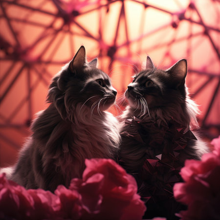 two maine coon cats in front of a red background with flowersの素材