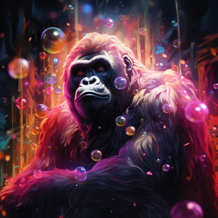 Gorilla with soap bubbles on a dark background. Illustration.の素材