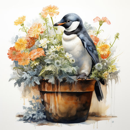Watercolor painting of a penguin sitting on a pot with flowersの素材