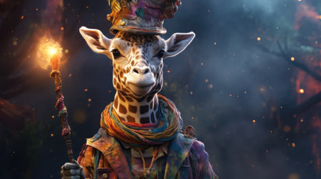 Giraffe with fire and smoke in the background. Halloween conceptの素材