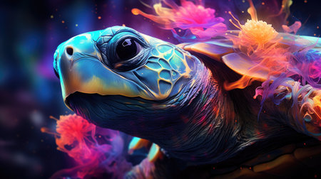 Turtle in abstract colorful background. 3D illustration. Elements of this image furnished by NASAの素材