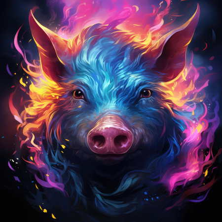 Pig head with colorful fire on a black background. Vector illustration.の素材