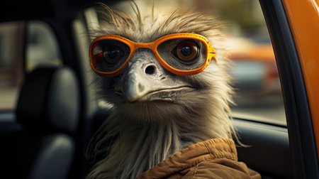 Portrait of a vulture in sunglasses sitting in a car.の素材