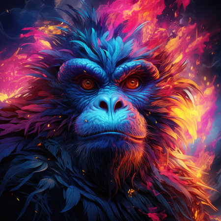Chimpanzee monkey with feathers and fire effect, digital paintingの素材