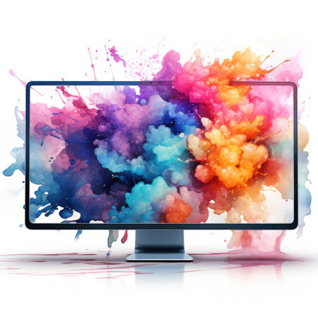 Computer monitor with colorful ink splashes on white background. Vector illustration.の素材