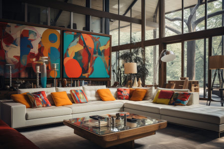 Interior of modern living room with sofa, coffee table and painting on wallの素材