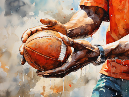 Basketball player with ball against watercolor splashes background. Digital painting.の素材