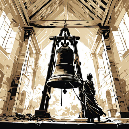 Buddhist monk ringing the bell in the church. Vector illustration.の素材