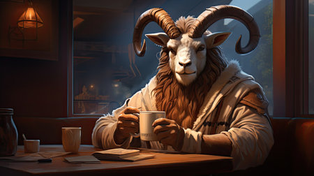 A portrait of a ram with a cup of coffee in a cafe.の素材