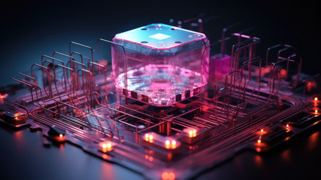 Electronic circuit board with microchips close up. 3D renderingの素材