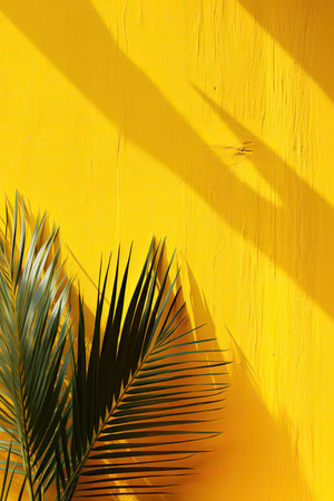 tropical palm leaf shadow on yellow wall background with copy space.の素材