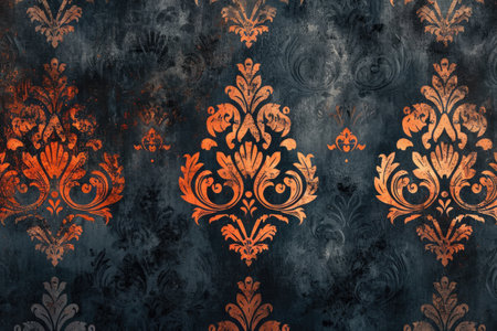 abstract grunge background with orange floral ornament on dark blue wallの素材