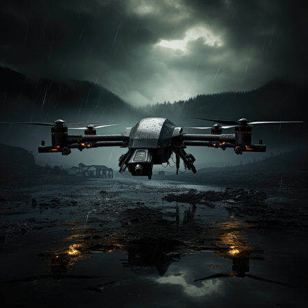 Drone flying in the night sky. 3d render illustration.の素材