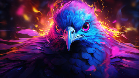 3D rendering of a bird in a surreal image with fire and smokeの素材