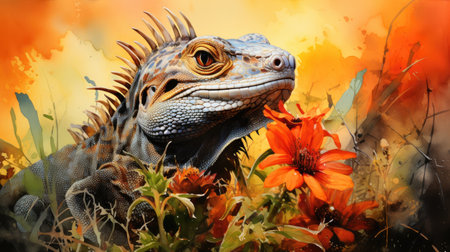 Iguana and flowers in the meadow. Digital painting.の素材