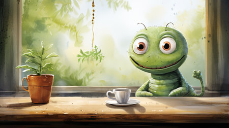 Cute green frog with cup of coffee on the wooden table.の素材