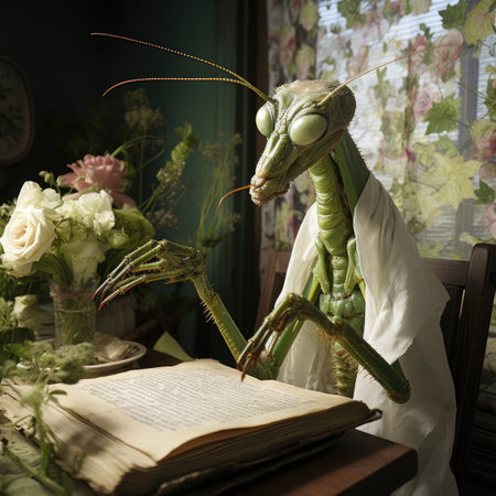 Green praying mantis sitting on a book in a room with flowersの素材