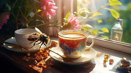 Cup of coffee with honey bee on window sill in sunlight.の素材