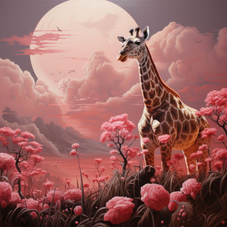 Giraffe on the background of the full moon and red flowersの素材