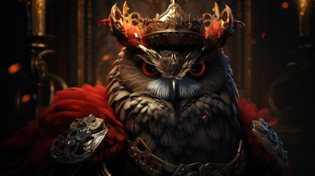 Owl with crown and red feathers. Fantasy medieval scene. 3D rendering.の素材