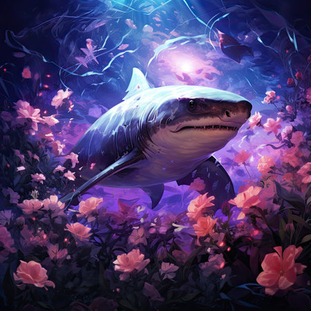 illustration of a shark swimming in the ocean with flowers and lightsの素材