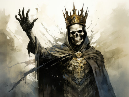 Digital painting of a skull with a crown on his head in black and goldの素材