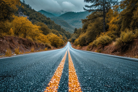 Asphalt road in the mountains with autumn trees. Beautiful landscape.の素材