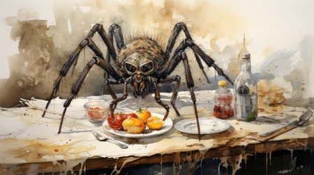 Digital painting of a spider in the kitchen with tomatoes and olive oilの素材