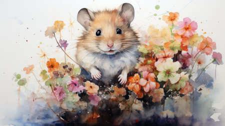 Cute hamster on a flower background. Watercolor painting.の素材