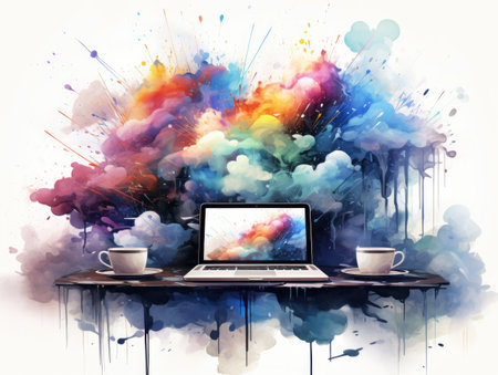 Modern workspace with laptop, coffee cup and colorful watercolor splash on white background.の素材