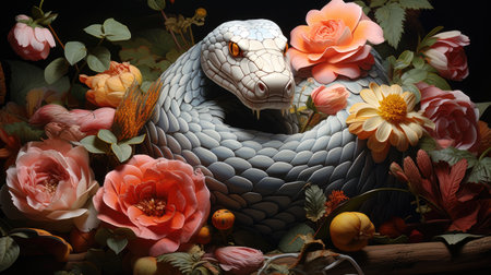 snake with flowers on black background,3d illustration,renderingの素材