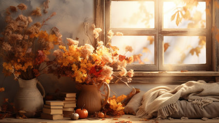 Autumn still life with warm plaid, books and dried flowers on windowsillの素材