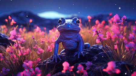 Blue frog sitting on a rock surrounded by pink flowers. 3d renderの素材