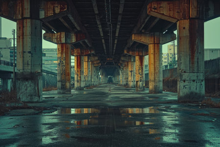 Under the expressway in the city. Abstract background. Toned.の素材
