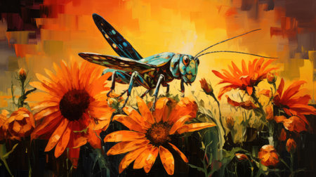 Digital painting of a grasshopper and sunflowers on canvasの素材