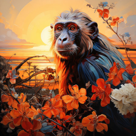Monkey in the jungle on a sunset background. Digital painting.の素材