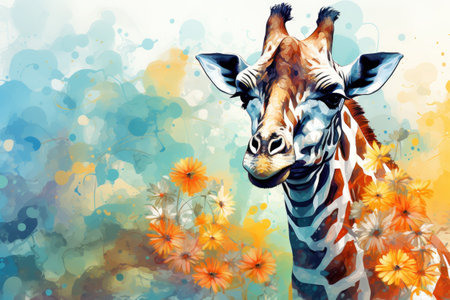 giraffe on colorful background with flowers, digital watercolor paintingの素材