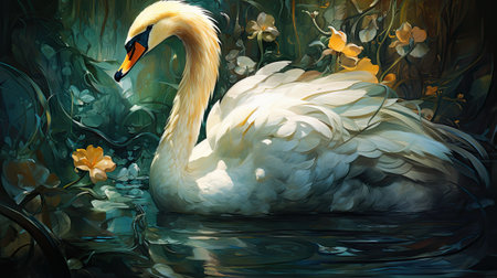 Digital painting of a white swan swimming in a pond with flowersの素材