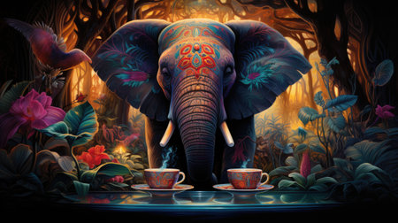 Elephant with cup of tea in the forest. Illustration.の素材