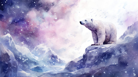 Polar bear on a rock in the mountains. Watercolor paintingの素材