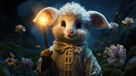 Cute little rabbit with magic wand in fantasy forest. 3D rendering.の素材