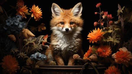 Red fox in a pot with autumn flowers on a black background.の素材