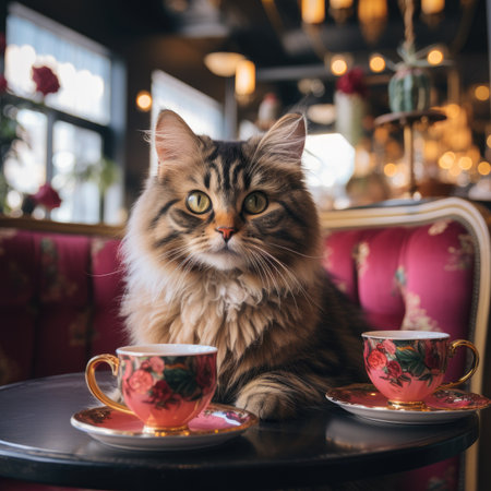 Cute maine coon cat sitting in a cafe and drinking teaの素材