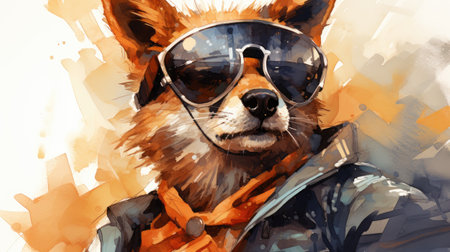 portrait of a dog with sunglasses on the background of watercolorの素材