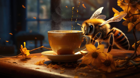 A cup of coffee and a bee on the windowsill in the morningの素材